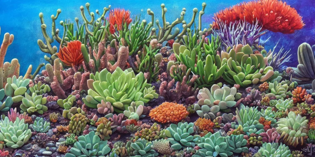 Prompt: a desert with a lot of succulents and exotic flowers, corals, underwater, super detailed acrylic painting, movie poster 7 0's