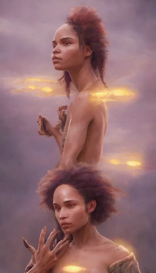 Image similar to epic masterpiece zoe kravitz, sweaty skin, hyperrealistic, octane render, cinematic, beautiful face and flawless skin, perfect hands, 5 fingers, by edgar maxence and ross tran and michael whelan, legends of runeterra