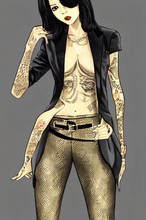 Image similar to yakuza slim girl, gold suit jacket in snake print, jacket over bare torso, yakuza tattoo on body, black short curtain haircut, black leather pants with black belt, elegant, 2d, ultra highly detailed, digital painting, smooth, sharp focus, artstation, art by Ilya Kuvshinov