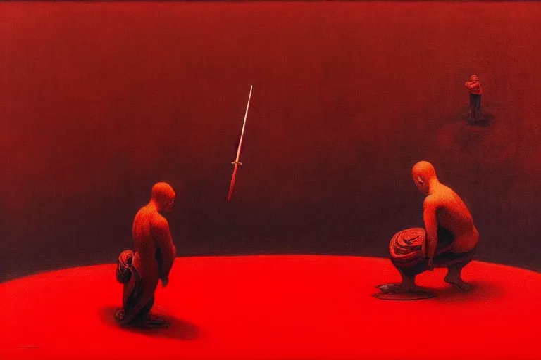 Image similar to only with red, a red samurai do seppuku, tokio, a lot of frogs watch, in the style of beksinski, parts by edward hopper, parts by rodcenko, parts by yue minjun, intricate and epic composition, red by caravaggio, insanely quality, highly detailed, masterpiece, red light, artstation, 4 k