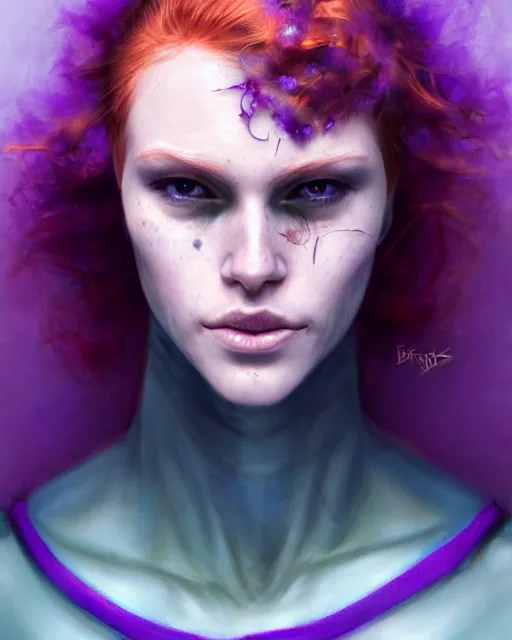 Prompt: cyberpunk hacker wearing purple halter top, perfect face, ginger hair, abs, cinematic, freckles, stunning, cute, adorable, athletic, strong, agile, highly detailed, psychedelic, digital painting, artstation, smooth, hard focus, illustration, art by jessica rossier and and brian froud