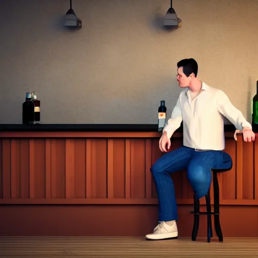 Prompt: a man sitting in a bar about to make a fundamental decision for his life, he is uncertain, but he knows he would rather have remorse than regret, 3d render