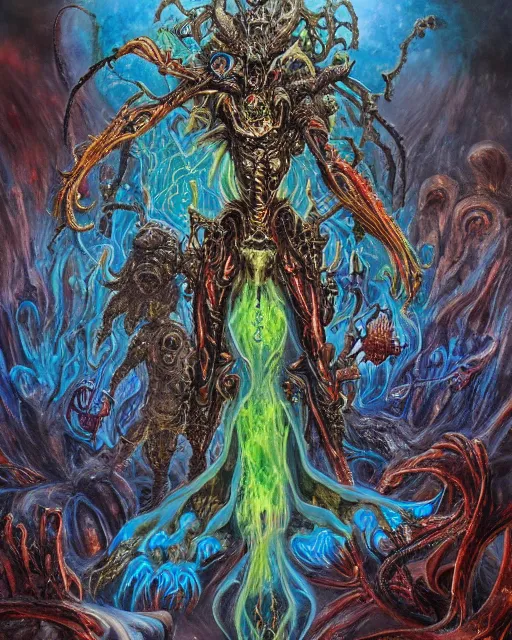 Image similar to silver mechanical charred bloody fleshmetal obliterator cyborg daemonhost woman wearing robes, psychedelic flamer of tzeentch with extra arms gunner, blue and green rainbow fire, by antonio j. manzanedo, alex grey, android jones, wayne barlowe, philippe druillet, josephine wall, eve ventrue, cronenburg, trending on artstation