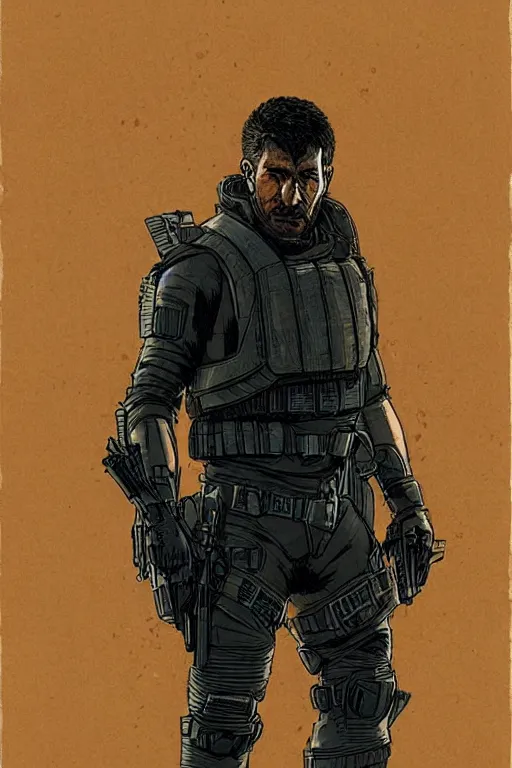 Image similar to Hector. Deadly blackops mercenary in tactical gear. Blade Runner 2049. concept art by James Gurney and Mœbius.