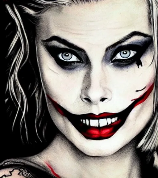 Image similar to tattoo design sketch of beautiful margot robbie portrait with joker makeup, in the style of den yakovlev, realistic face, black and white, realism tattoo, hyper realistic, highly detailed