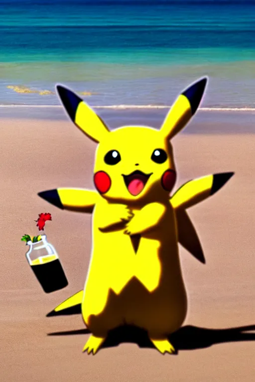 Image similar to pikachu drinking a beer on the beach