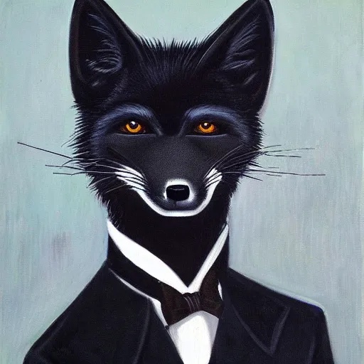 Image similar to portrait of a male anthro anthropomorphic black fox furry fursona with hands on eyes, wearing a suit, 1 9 7 0 s oil on canvas painting, by famous artist jylon denja