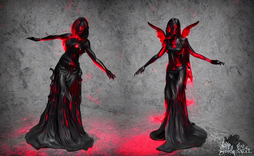 Image similar to Female dark angel in gothic red and black dress, their black wings are extended. She is in the bioluminescent forest. Horror scene, highly detailded. Bronze statue, unreal engine