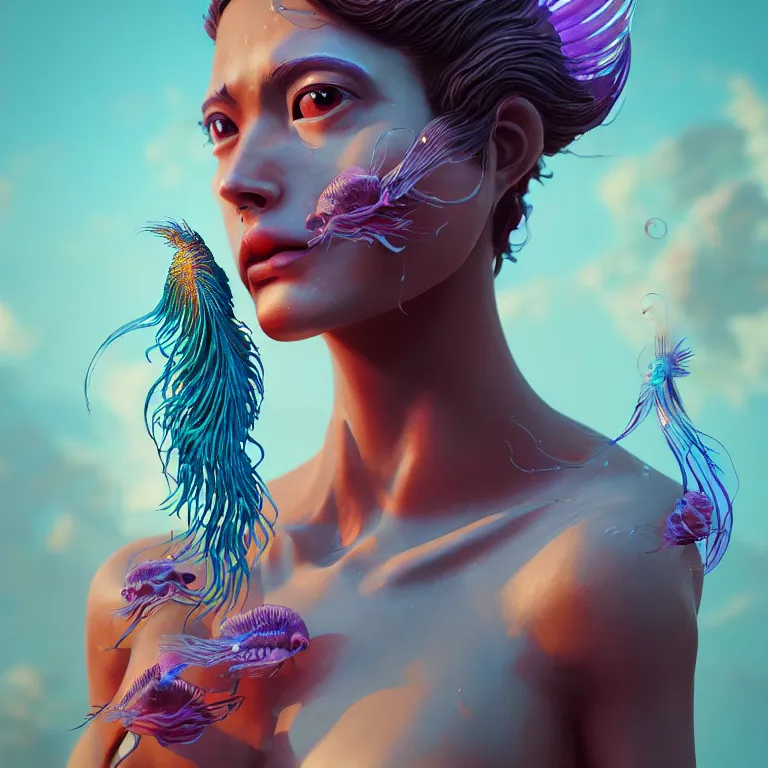 Image similar to goddess full painted acryllic sculpture close-up portrait. orchid bird phoenix jellyfish betta fish, intricate artwork by Tooth Wu and wlop and beeple. octane render, trending on artstation, greg rutkowski very coherent symmetrical artwork. cinematic, hyper realism, high detail, octane render, 8k