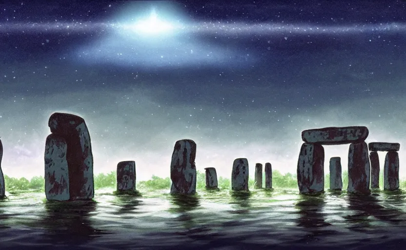 Image similar to a cell - shaded studio ghibli concept art of a ufo shining a spotlight on a caravan in a flooded stonehenge jungle on a misty starry night. very dull colors, hd, 4 k, hq