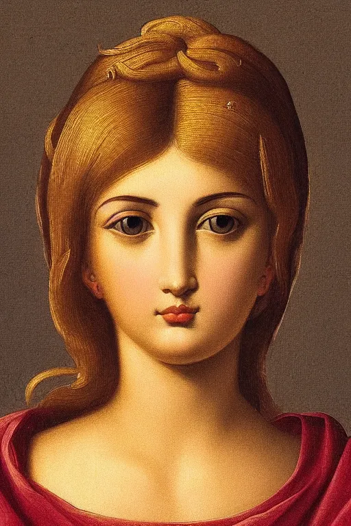 Image similar to Beautiful girl, calm face, closeup, ultra detailed, made in gold, Guido Reni style