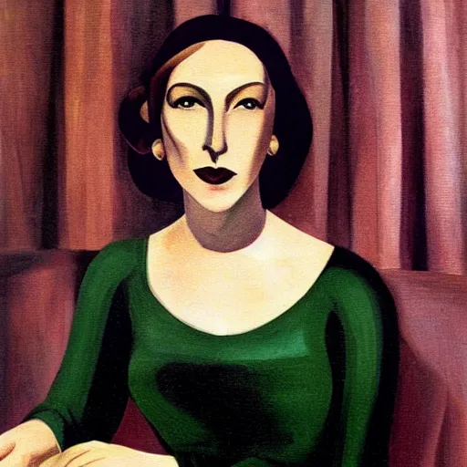 Image similar to portrait of writer clarice lispector in her green dress, by tamara de lempicka