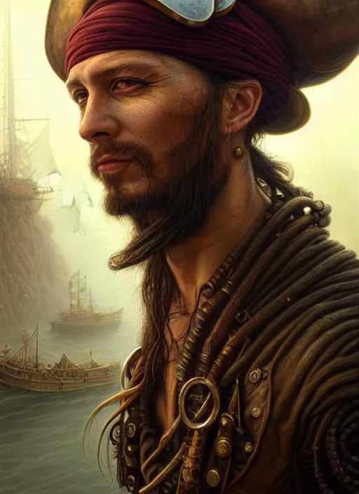 Image similar to closeup portrait shot of a pirate in a scenic dystopian environment, intricate, elegant, highly detailed, centered, digital painting, artstation, concept art, smooth, sharp focus, illustration, artgerm, tomasz alen kopera, peter mohrbacher, donato giancola, joseph christian leyendecker, wlop, boris vallejo