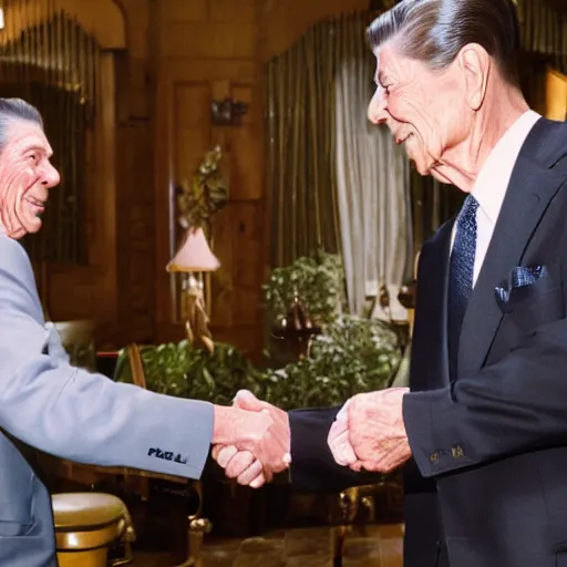 Image similar to cinematic shot of an anthropomorphic frog and ronald reagan shaking hands with each other, 8k, very detailed, very intricate,