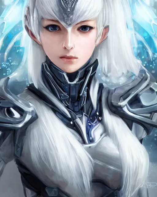 Image similar to perfect white haired girl, warframe armor, beautiful, dreamy, pretty face, blue cyborg eyes, portrait, detailed, bright light, scifi, elegant, utopian architecture in the background, laboratory, 4 k, ultra realistic, aura of light, cinematic, highly detailed, intricate, masterpiece, art by akihito tsukushi, akasuki brightmind