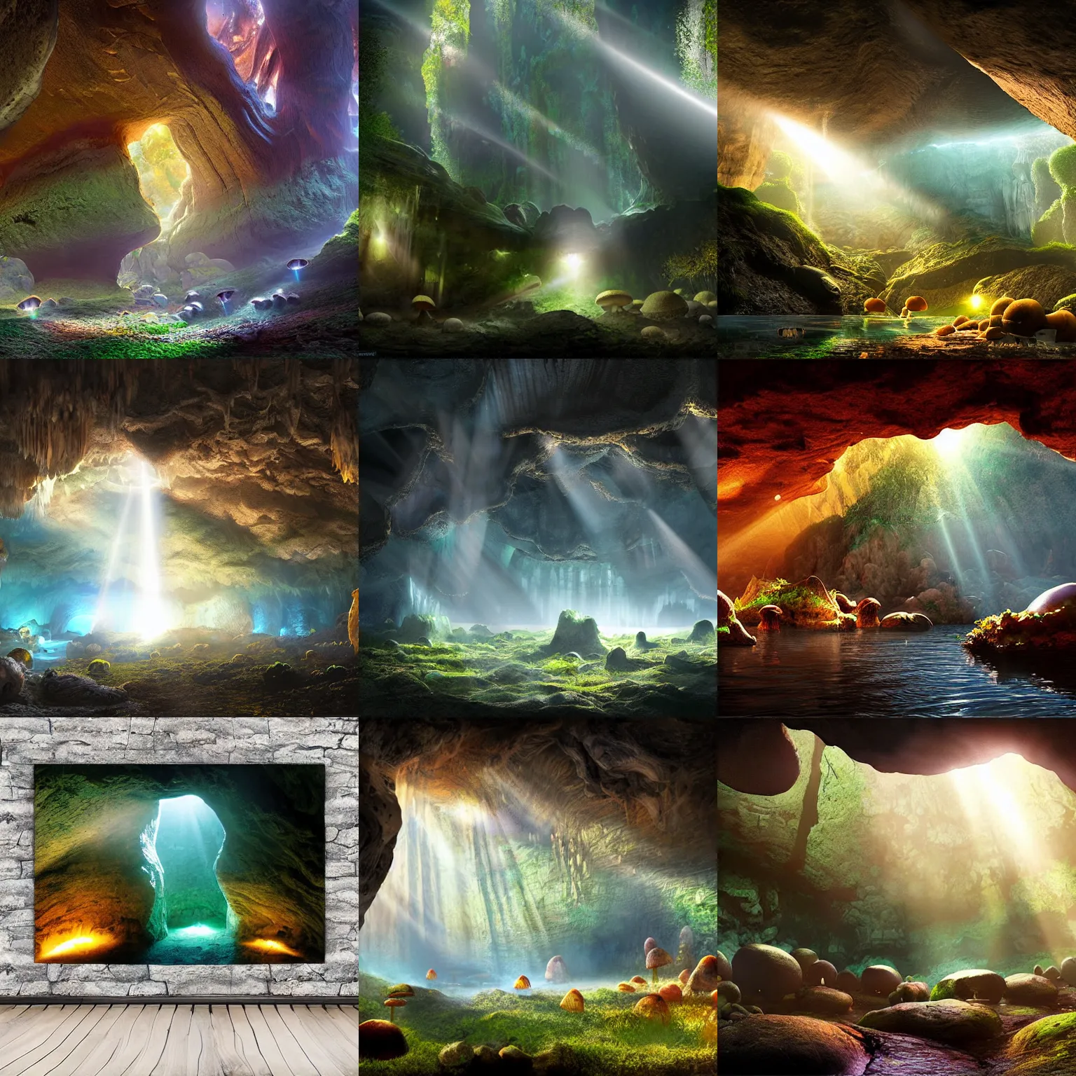 Prompt: vast cave system lit by sunbeams. Underground lake. Stone formations. Glowing mushrooms. Digital matte painting