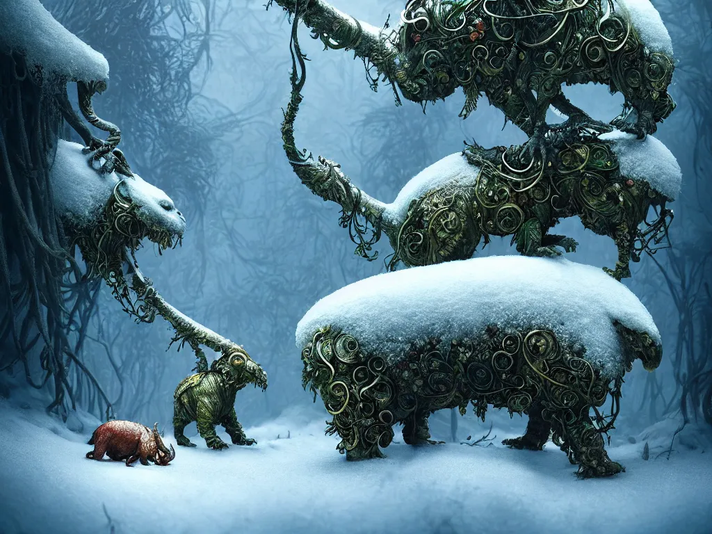 Image similar to creature in a lush trunda vegetation, snow snow :: by Michal Karcz, Daniel Merriam, Victo Ngai and Guillermo del toro :: ornate, dynamic, particulate, intricate, elegant, highly detailed, centered, artstation, smooth, sharp focus, octane render, 3d