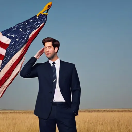 Image similar to john krasinski saluting a bald eagle, portrait, beautiful, patriotic, perfect face, spontaneous portrait, sharp focus, octane