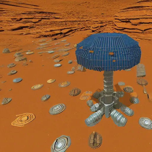 Image similar to a technical blueprint, voxel based world, space mining station on the surface of mars, myriad of interconnected yellow drop pod structures, connected via tubes