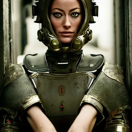 Image similar to beautiful portrait of Olivia Wilde, clothed in military armor, 35mm, cinematic atmosphere, photorealistic, depth of field, from StarCraft, style of irwing penn and steve mccurry