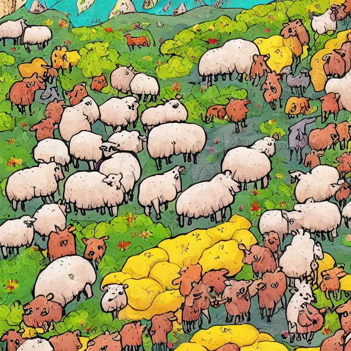 Prompt: a herd of sheep lying dead over mountains of gigantic fruit, naivistic art, childrens drawing, story book illustration, expressive, colorful, schizophrenic, paranoid