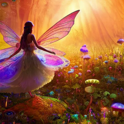 Image similar to beautiful faerie princess walks through happy trippy fungal landscape, weta pixar 8 k detailed face award winning photography, cosmic, heavenly, god rays, intricate detail, cinematic, unreal engine, cel shaded