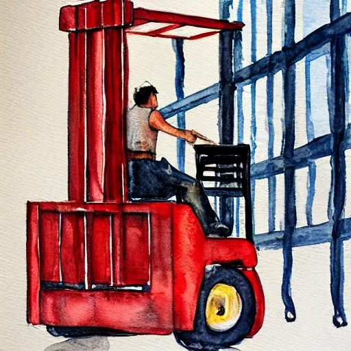 Image similar to a fork on a forklift in a lift, watercolor