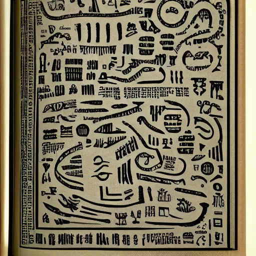 Image similar to An open book, its pages covered with cryptic and unsettling glyphs. A diagram of an impossible monster is visible.