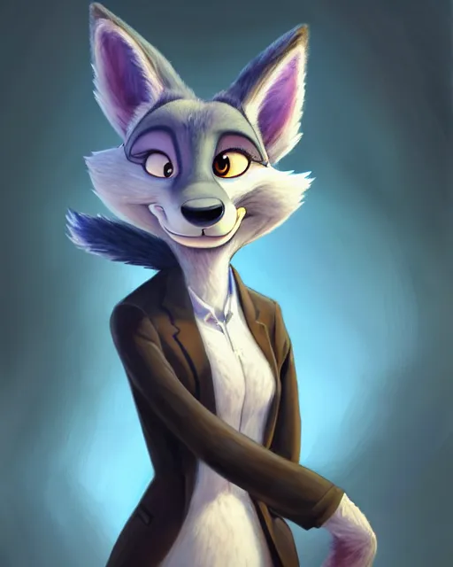 Image similar to oil painting of anthromorphic female wolf, in style of zootopia, zootopia, zootopia, fursona, furry, furaffinity, 4 k, deviantart, furry art, fursona art, wearing black business suit, business suit, in style of zootopia, wolf fursona, cyberpunk, female, very very very expressive detailed feminine face,