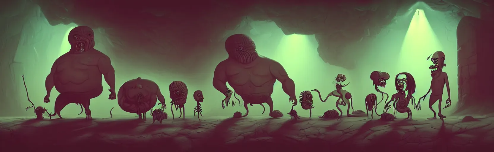 Prompt: uncanny whimsical savage mutants from the depths of a vast wasteland in the collective unconscious, dramatic lighting, surreal fleischer cartoon characters, shallow dof, surreal painting by ronny khalil