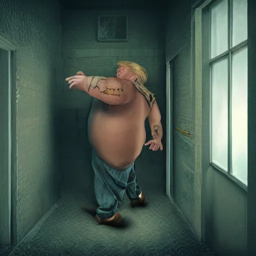 Image similar to trump crying as a large man dances on him from behind in a prison cell, intricate detail, finely detailed, small details, extra detail, photorealistic, high resolution, vray, hdr, hyper detailed, insane details, intricate, elite, ornate, elegant, luxury, dramatic lighting, octane render, weta digital, micro details, 3 d sculpture