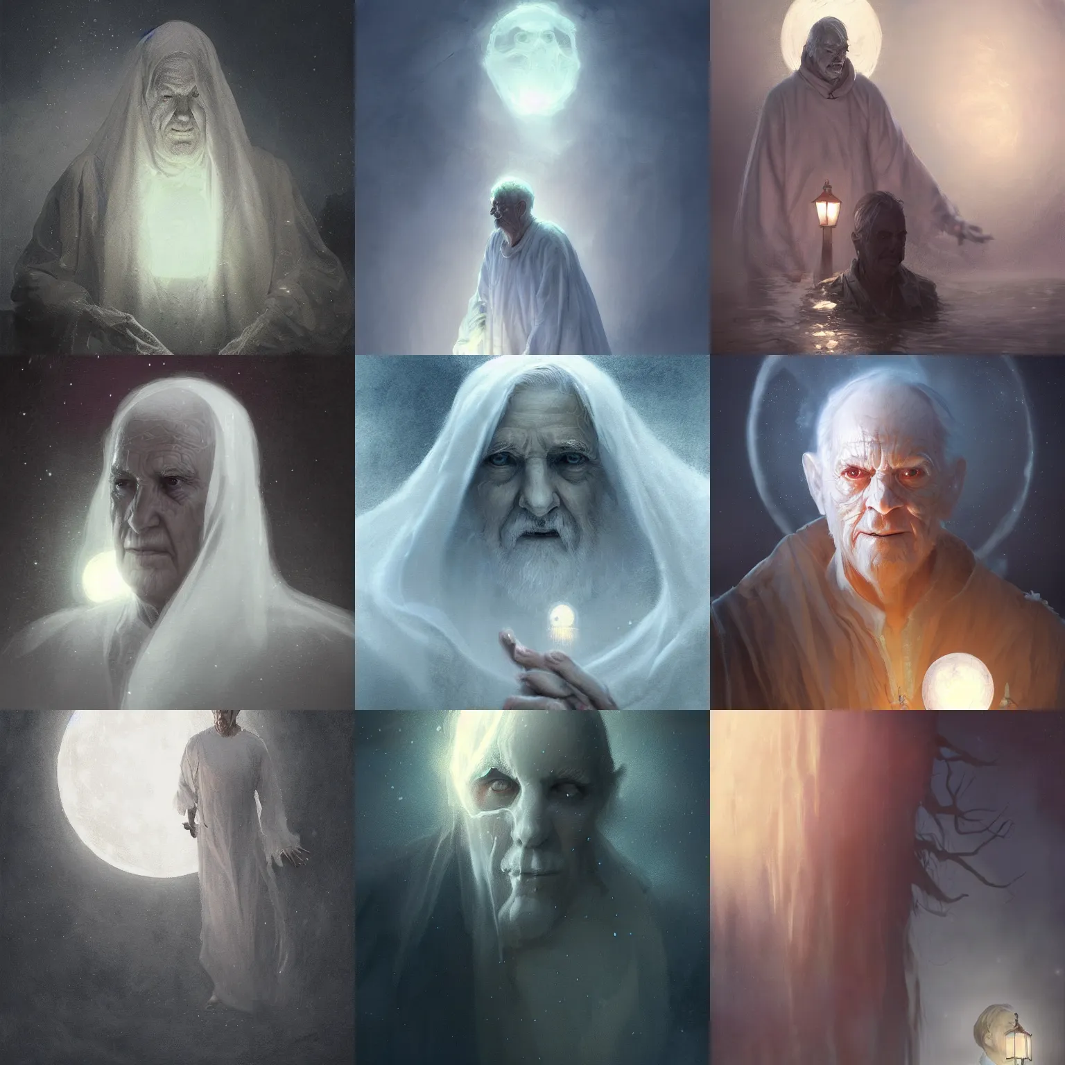 Prompt: close detail portrait white transparent ghost, mystical, old male, in cufs and handles, digital fantasy art, hands straight down, float, under moon light at night, at late evening by greg rutkowski and thomas kinkade, Trending on artstation