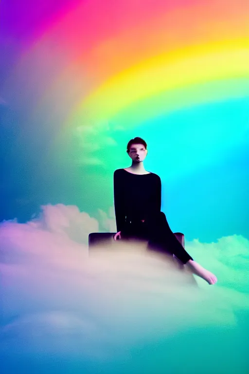 Image similar to high quality pastel coloured film photograph of a model wearing black clothing resting on cloud furniture clouds in a haze filled dreamstate world. three point light, rainbow. photographic production. art directed. pastel colours. volumetric clouds. pastel gradient overlay. waves glitch artefacts. 8 k. filmic.