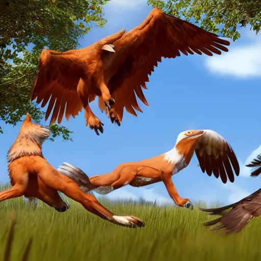 Image similar to Four eagles chasing a fox in a park, photorealistic, unreal engine