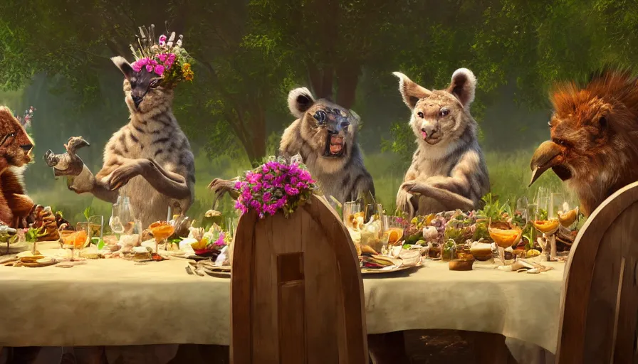 Image similar to a table dinner of exotic animals where animals are dressed like the characters from the midsommar movie wearing flowers, realistic detailed digital art by maxwell boas jessica rossier christian dimitrov anton fadeev trending on artstation cgsociety rendered in unreal engine 4 k hq