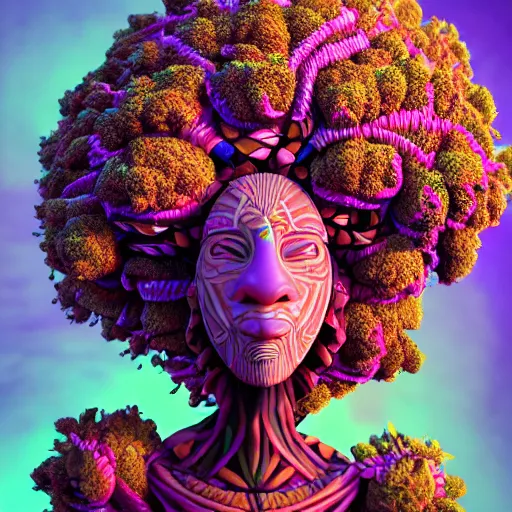 Image similar to an african marijuanna! shaman with an afro made of flowers, third eye art art by machina infinitum, complexity from simplicity, rendered in octane, mandelbulb 3 d, ambient occlusion, radiant lighting, macro photography, felt!!! texture, tribal, pastel! retrowave