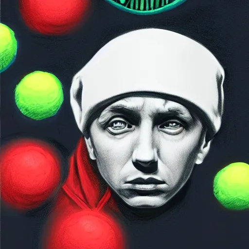 Image similar to a Eminem, marshal Mathers, slim shady tennis ball monster, tennis ball, chalk, digital art, fantasy, magic, trending on artstation, ultra detailed, professional illustration by Basil Gogos
