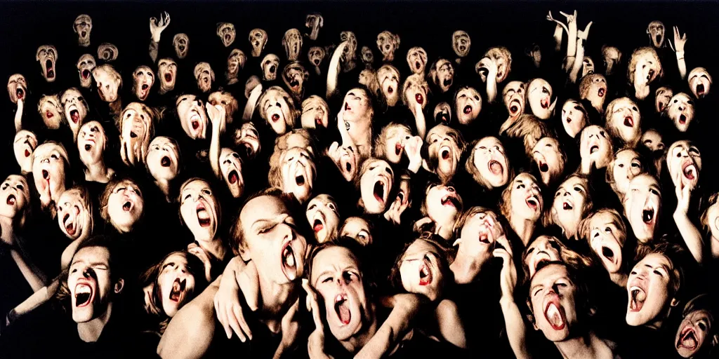 Image similar to full body portrait of people screaming with demons terror fear joy love life light golden hour 1 2 0 mm film highly detailed sharp zeiss lens 1. 8 high contrast chiaroscuro detailed photograph by gottfried helnwein ryan mcginley robert mapplethorpe david armstrong david wojnarowicz