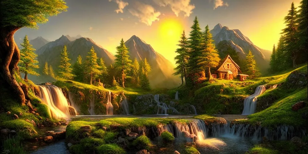 Image similar to a beautiful fantasy landscape, mountain in background, a waterfall in the mountains, little cottage, small pond, some trees in the corner, sunrise, hyper realism, artgem, octane art, artwork by philipp urlich