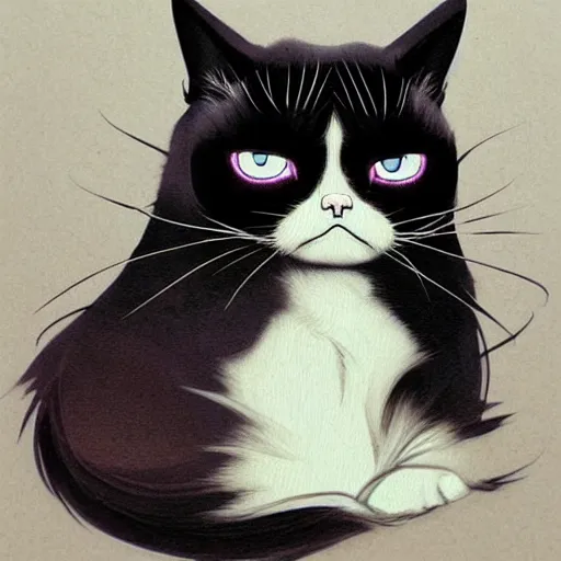 Image similar to Grumpy cat as an anime waifu, anime, weeb, die cut sticker , intricate, elegant, highly detailed, digital painting, artstation, concept art, smooth, sharp focus, illustration, art by artgerm and greg rutkowski and alphonse mucha and francisco goya