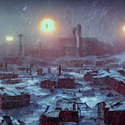 Image similar to a oil painting of brutalism old atom winter soviet town from frostpunk by Simon Stålenhag, in style of fractal landscape by Simon Stalenhag, atompunk, Sci-Fi, 8k, ultra detail, volumetric lighting, unreal engine, octane render, ultra realistic, max quality, epic 35 mm lens shot, photorealism