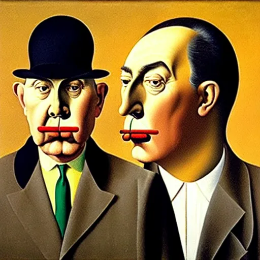 Image similar to a man thinks about what to buy at the grocery store, by rene magritte and salvador dali, oil on canvas