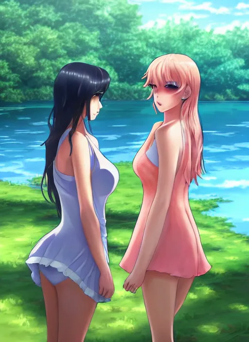 Image similar to two beautiful women out by the lake on a humid summer day, gorgeous faces, thick lines, cinematic lighting, detailed anime art