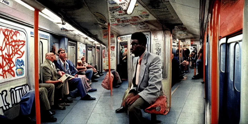 Image similar to new york subway cabin 1 9 8 0 s inside all in graffiti, policeman closeup, coloured film photography, christopher morris photography, bruce davidson photography