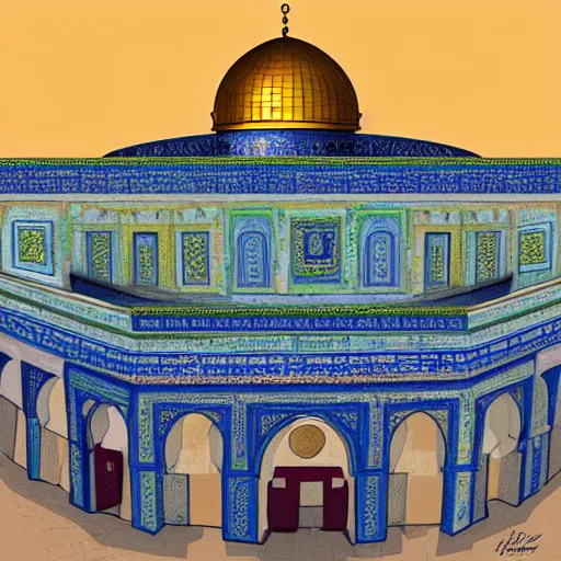 Prompt: a beautiful illustration of dome of the rock jerusalem and f a muslim is praying in front of it, digital art, trending on artstation