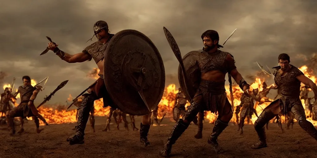 Image similar to epic battle screen of hero, film still from the movie'3 0 0'( 2 0 0 6 ), 3 d, 8 k realistic, cryengine, playstion 5 screen, cinematic lighting