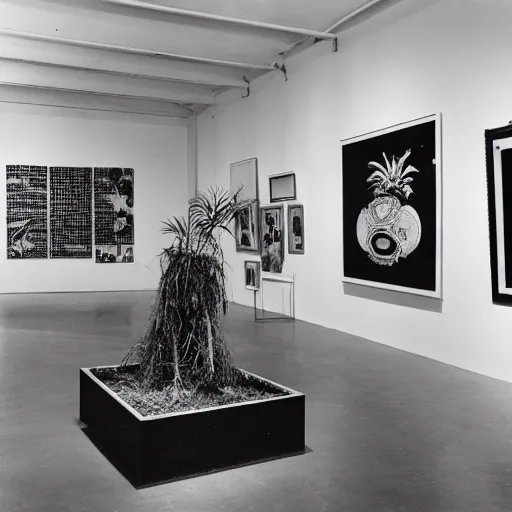 Image similar to A black and white photographie of an exhibition space with works of Sun Ra, Marcel Duchamp and tropical plants