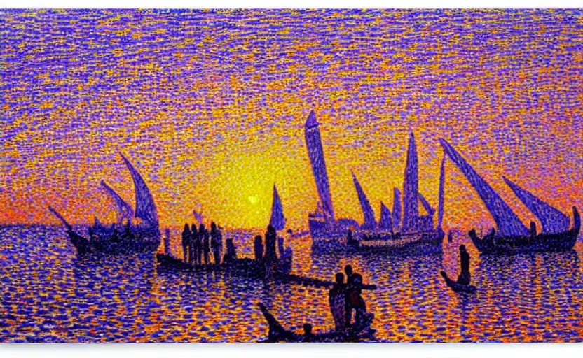 Prompt: crowd gathers to watch the sunset at tel aviv port, by paul signac, colorful, golden