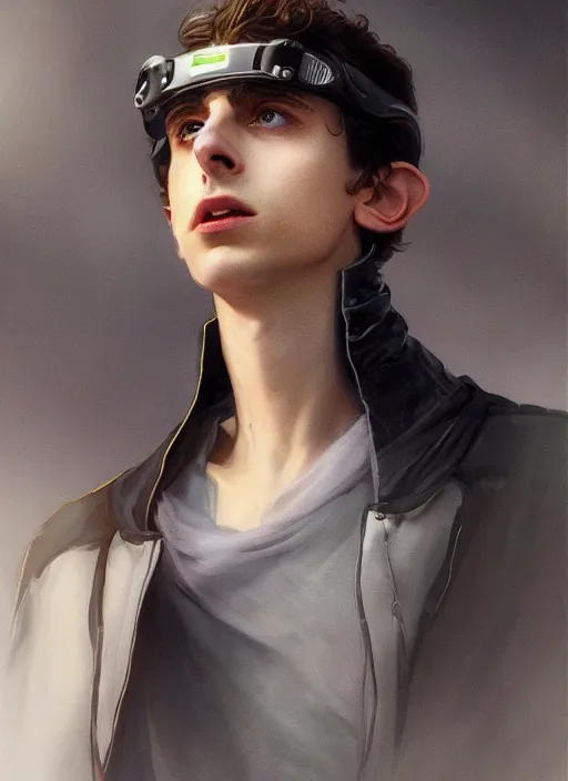 Image similar to timothee chalamet in future fashion futurism as thufir hawat, human computer, VR headset, cyber augmentation implant, digital art from artstation by Ruan Jia and Mandy Jurgens and Artgerm and william-adolphe bouguereau