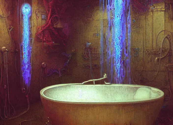 Prompt: A bathtub full of water, neon, RGB, glowing wires everywhere, decay, by Edgar Maxence and Ross Tran, Zdzisław Beksiński, and Michael Whelan, distant, gustav dore, H.R. Giger, 8k, octane render